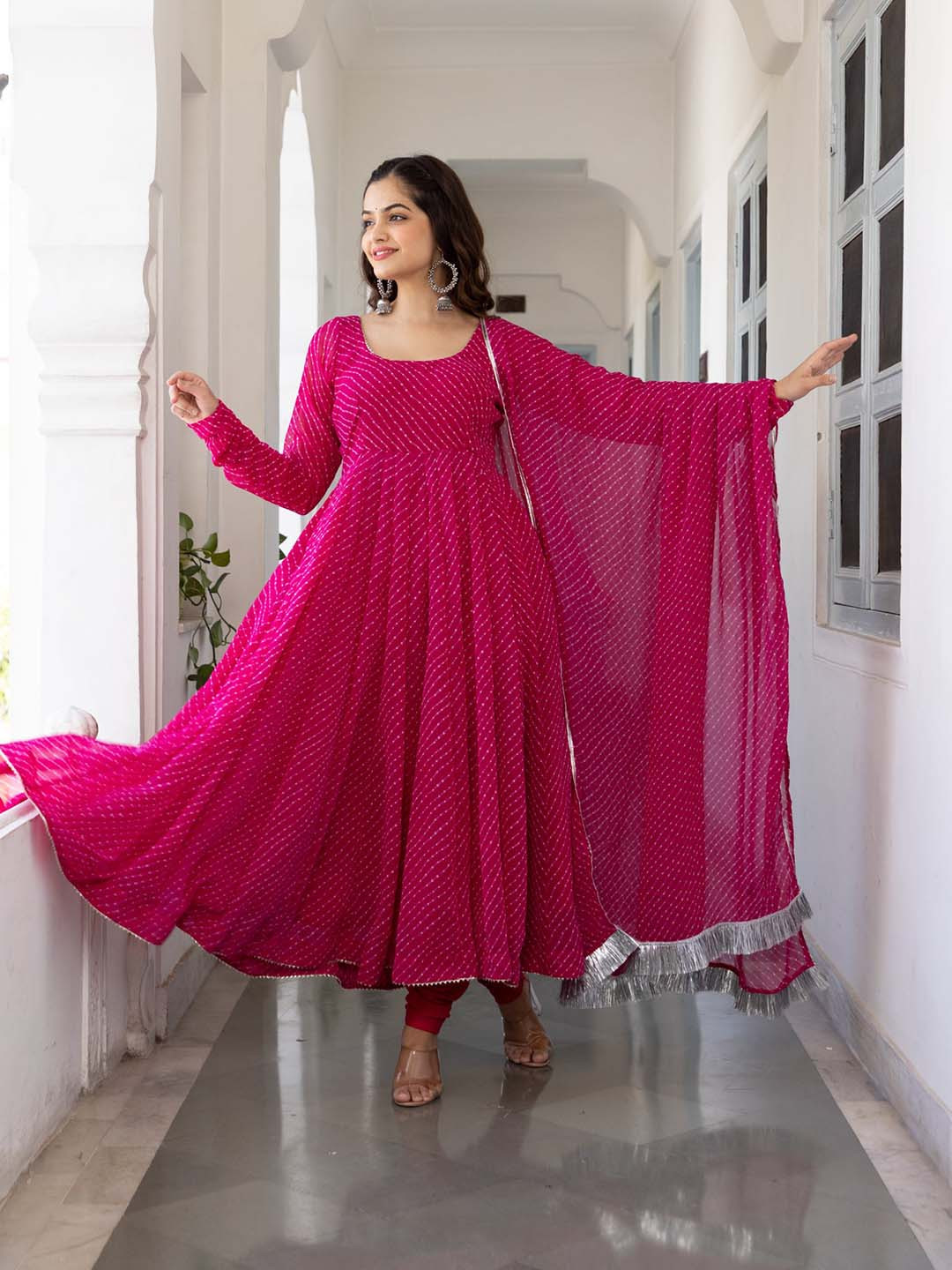 Tulip Eden Leheriya Printed Square Neck Georgette Anarkali Kurta