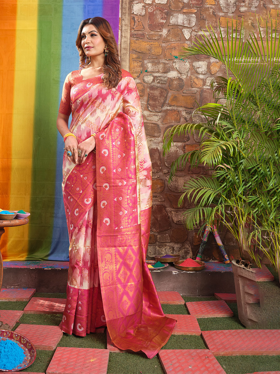 KALINI Women Silk Blend Zari Bandhani Kanjeevaram Saree