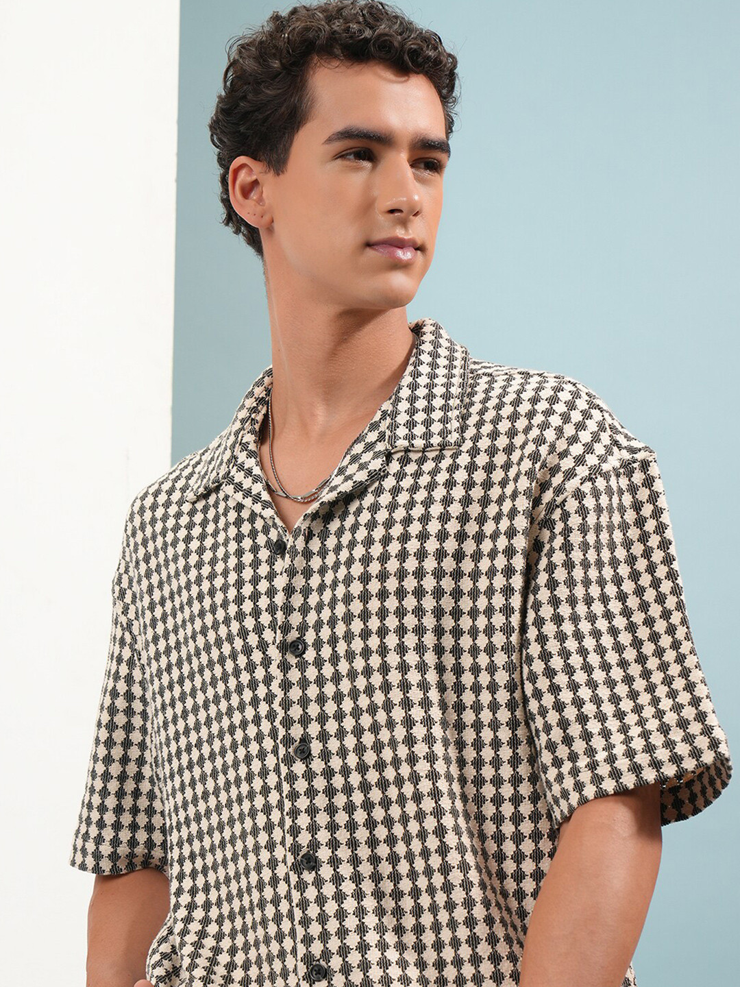 HIGHLANDER Cuban Collar Crochet Drop Shoulder Oversized Shirt