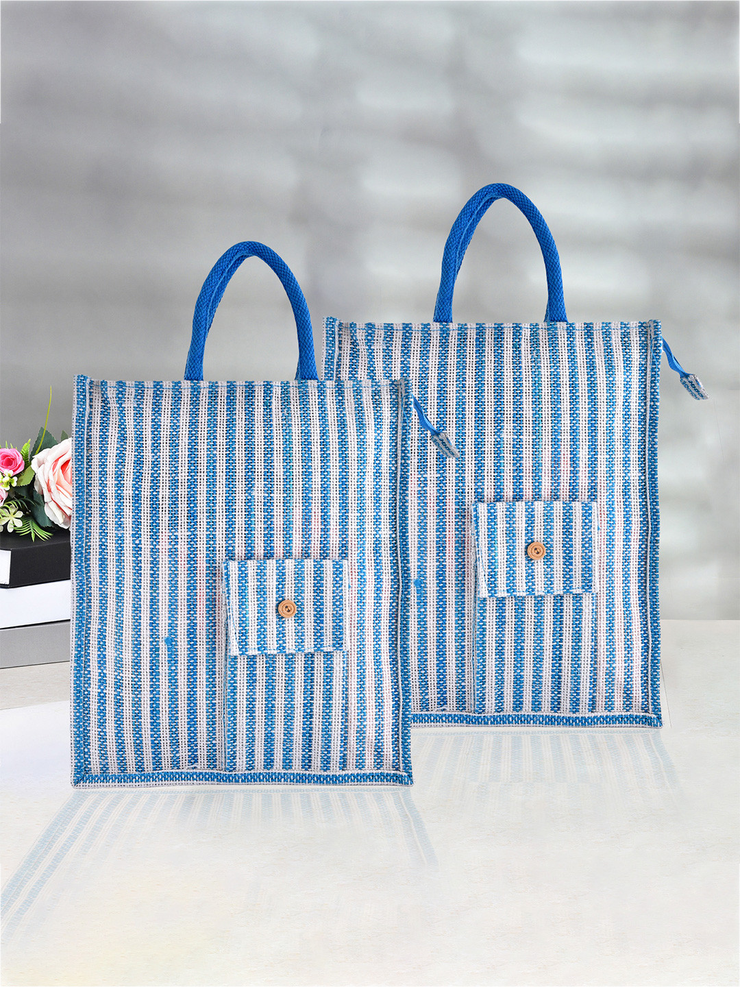 Kuber Industries Set Of 2 Stripes Printed Jute Front Pocket Shopping Bag With Handles