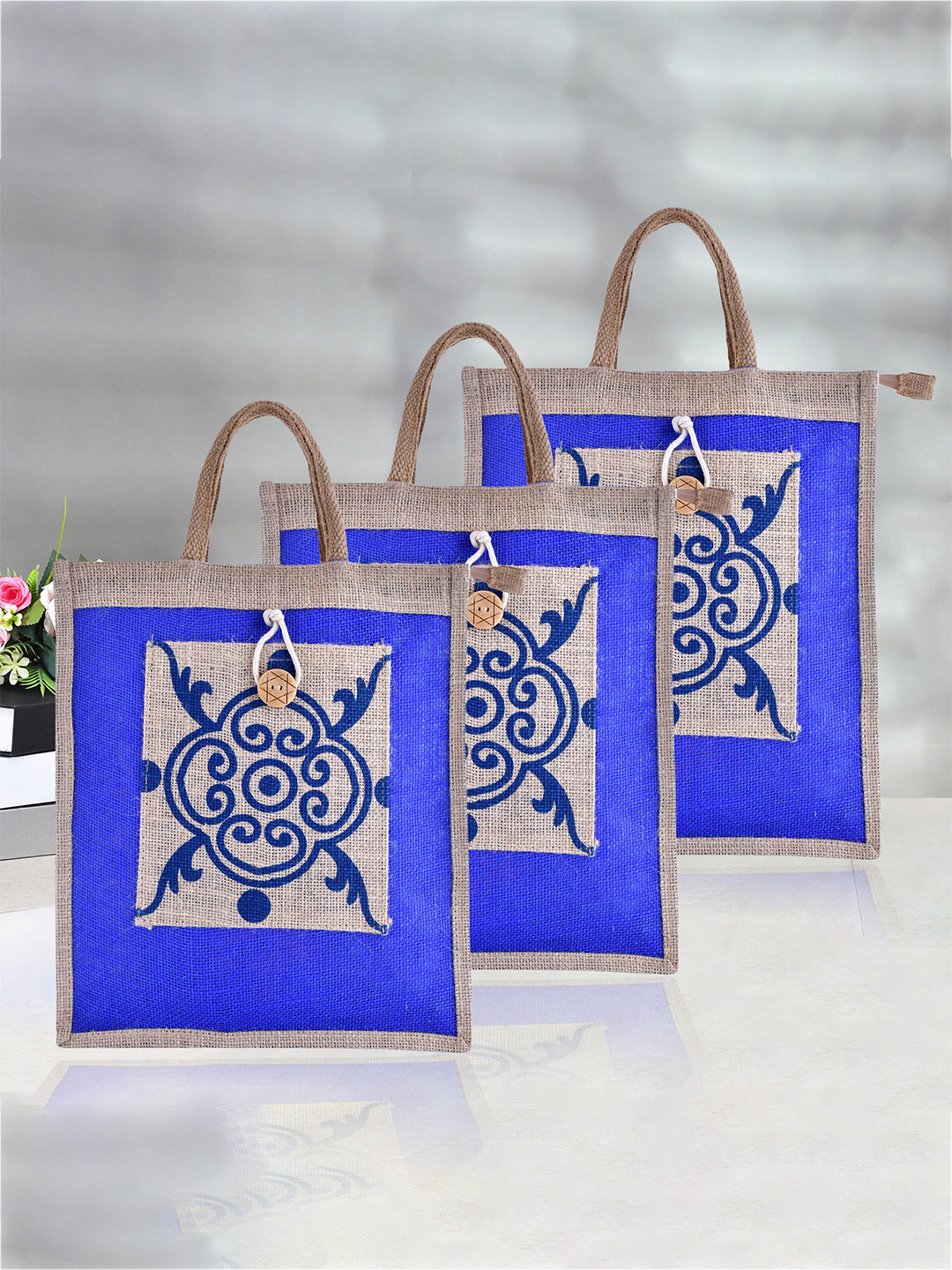 Kuber Industries Set Of 3 Floral Printed Jute Grocery Bag With Handles