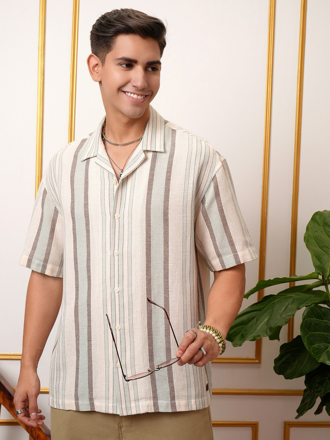 LOCOMOTIVE  Premium Dobby Textured Striped Cuban Collar Oversized Shirt