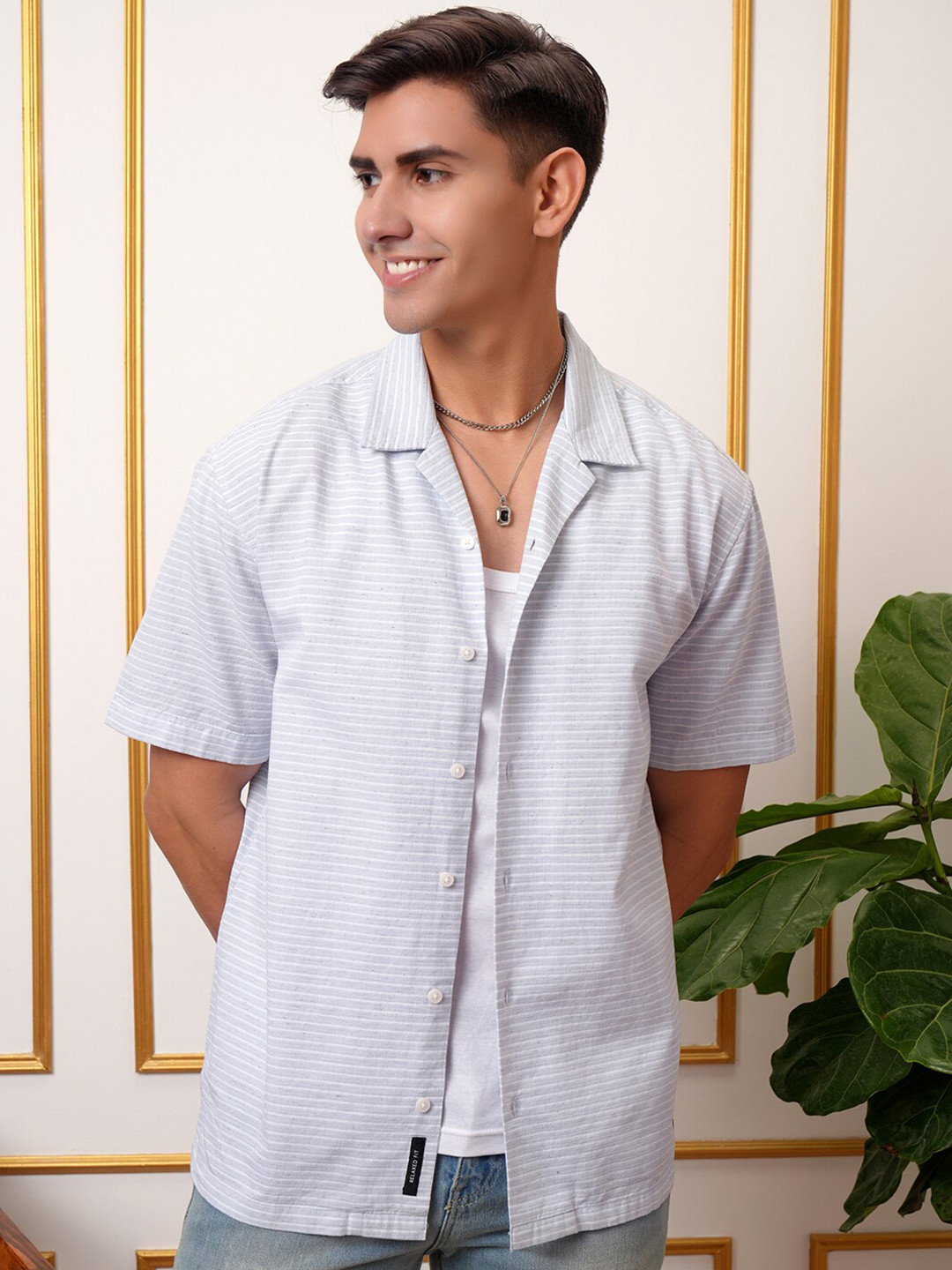 LOCOMOTIVE Premium Cotton Linen Waffle Textured Cuban Collar Relaxed Shirt