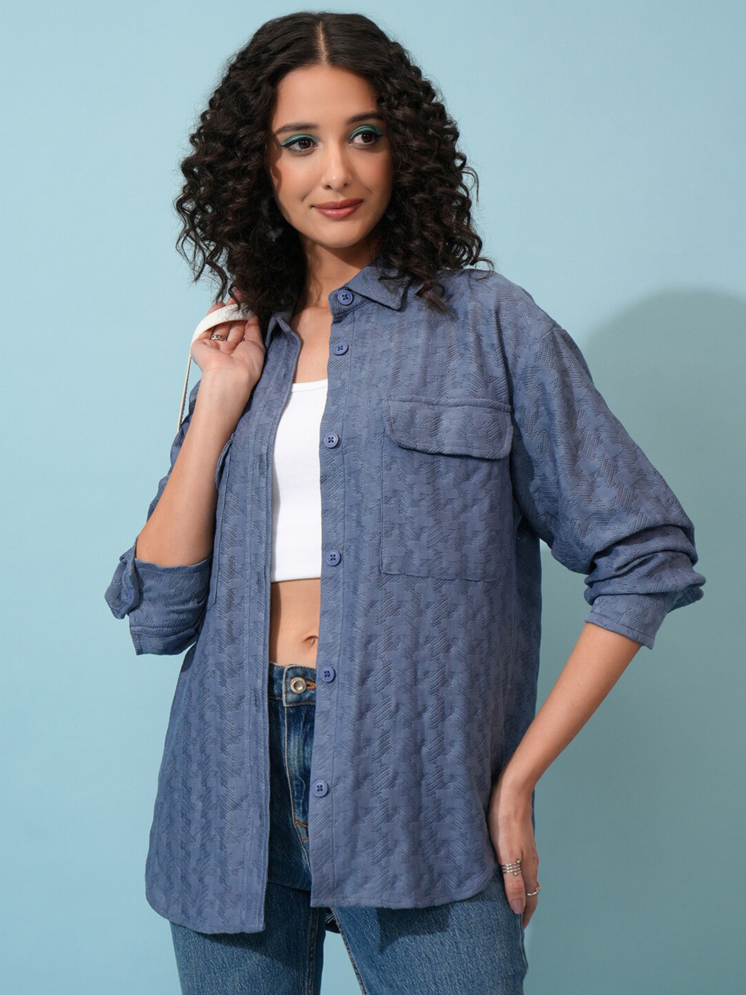 Tokyo Talkies Loose Drop Shoulder Crochet Regular Fit Shirt