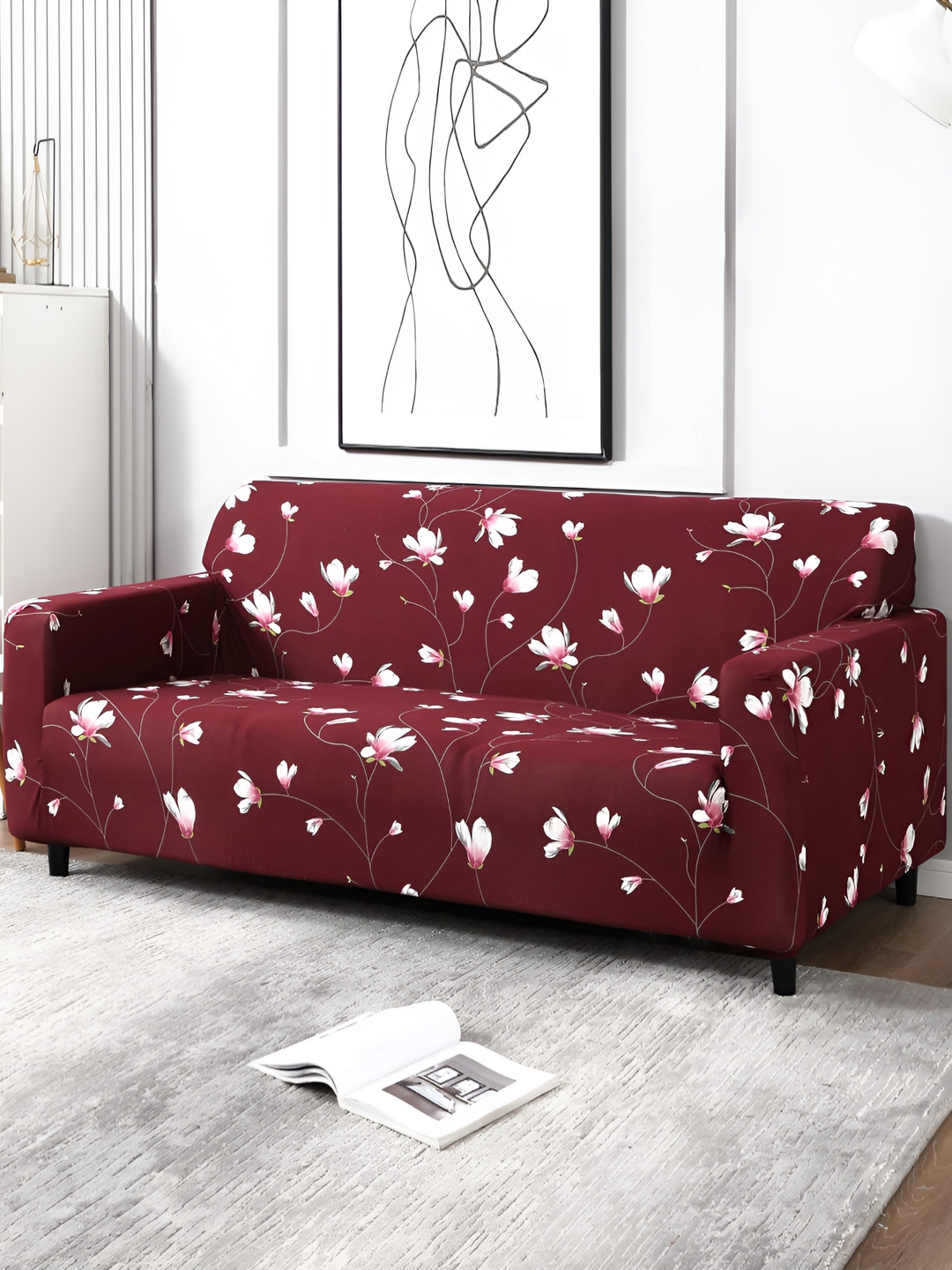 Dakshya Industries Maroon & White Printed 3 Seater Elastic Sofa Cover