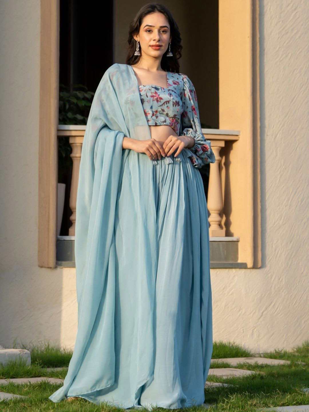 HOUSE OF JAMOTI Floral Printed Crop Top With Sharara & Dupatta Co-Ords