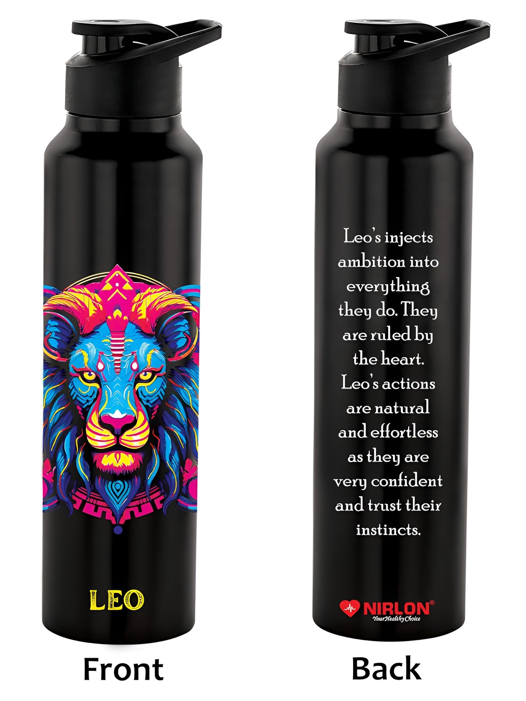NIRLON Black 2 Pieces Typography Stainless Steel Single Wall Vacuum Water Bottles 1 L Each