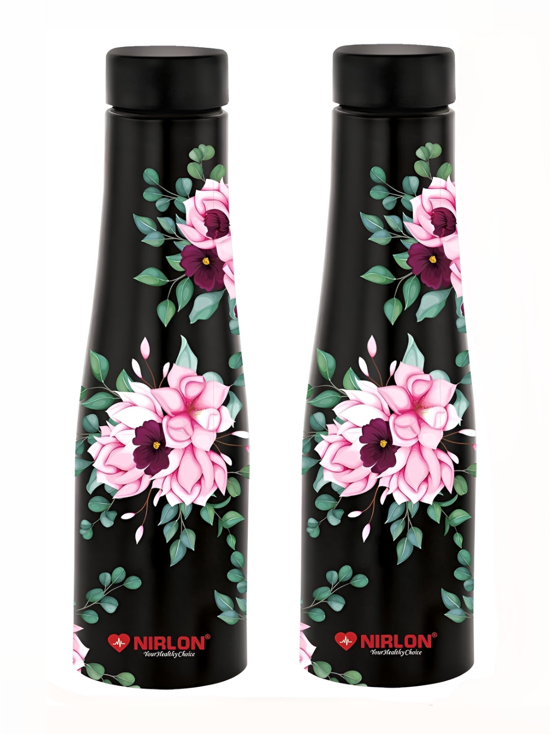 NIRLON Tall Bell Black Floral Stainless Steel Single Wall Vacuum 2 Piece Water Bottle - 1L