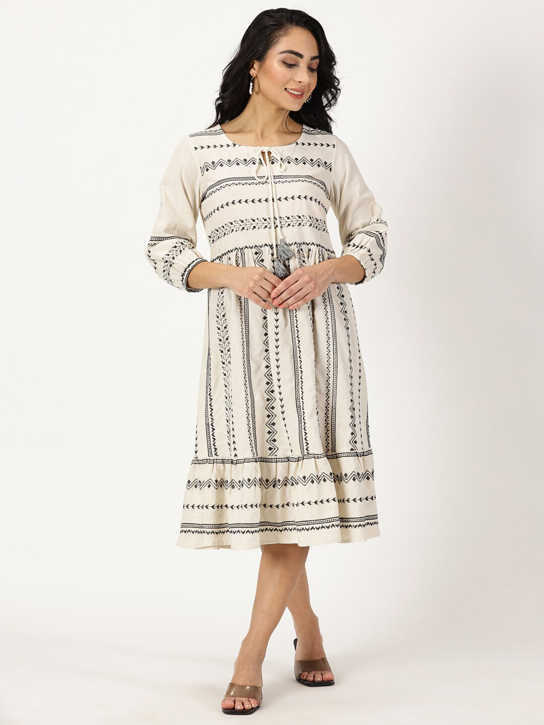 Saffron Threads Ethnic Motifs Embroidered Tie-Up Neck Cotton & Linen A-Line Midi Dress