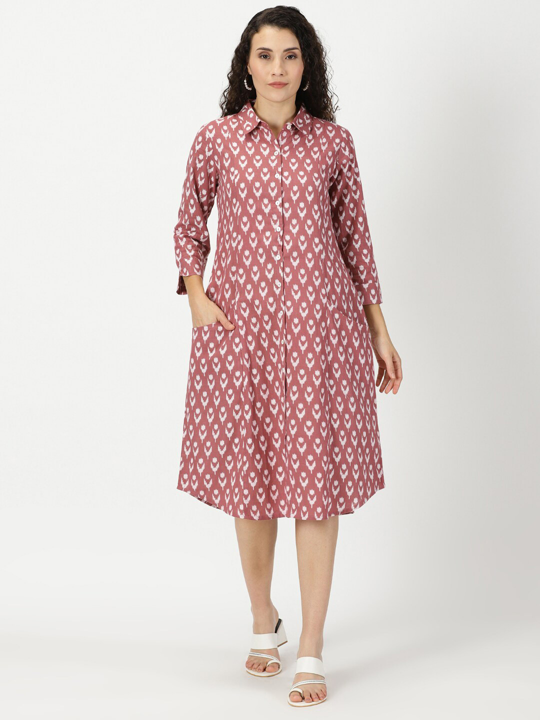 Saffron Threads Ikat Print Cotton Shirt Dress