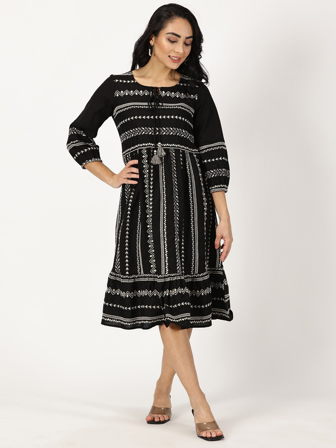 Saffron Threads Ethnic Motifs Embroidered Tie Up Neck Cotton & Linen A-Line Midi Dress