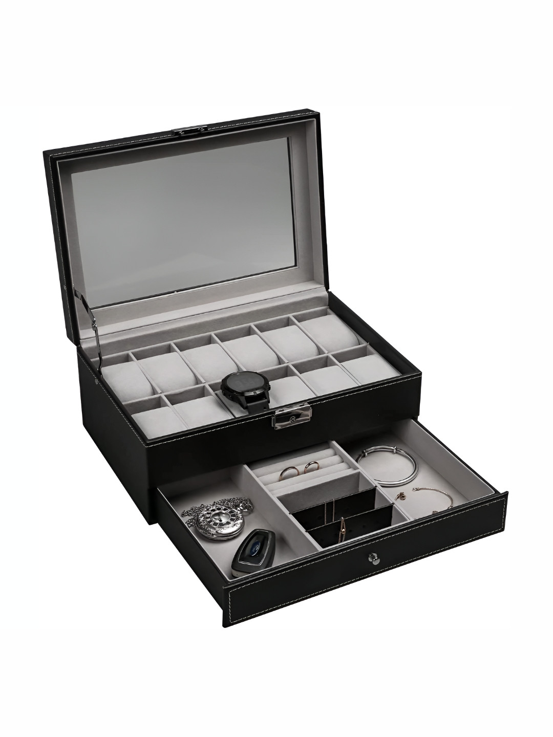 KriShyam Black Double-Layer 12 Slot Watch Box & Jewelry Tray Drawer With Display Glass