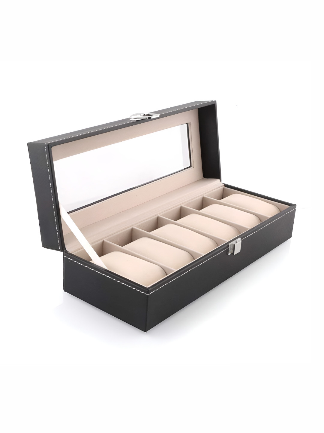 KriShyam Black 6 Slot Pillow Case Watch Organizer With Framed Glass Lid