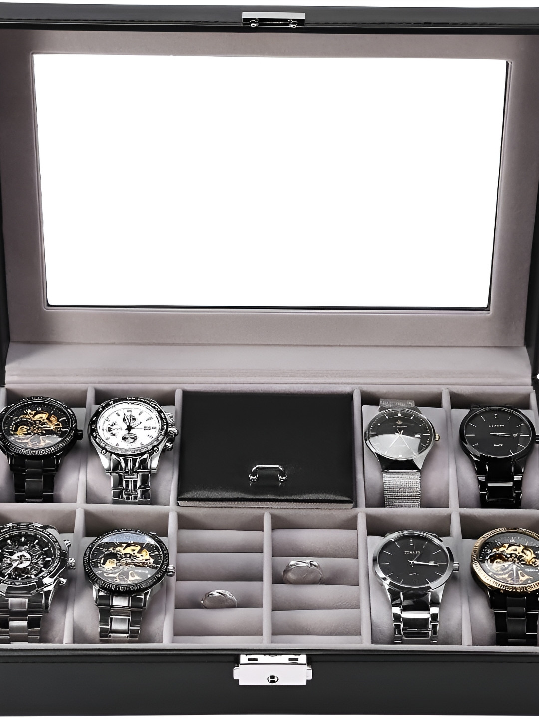KriShyam Black 8 Slot Watch & 2 Slot Ring Stud Earrings Jewelry Organizer