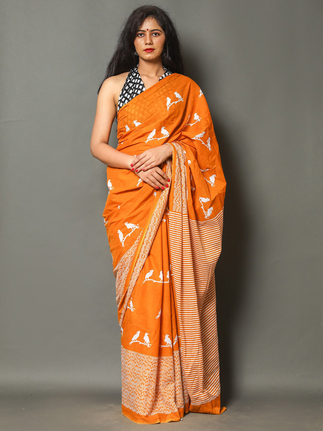 PALLO LATKE Ethnic Motifs Pure Cotton Block Print Saree