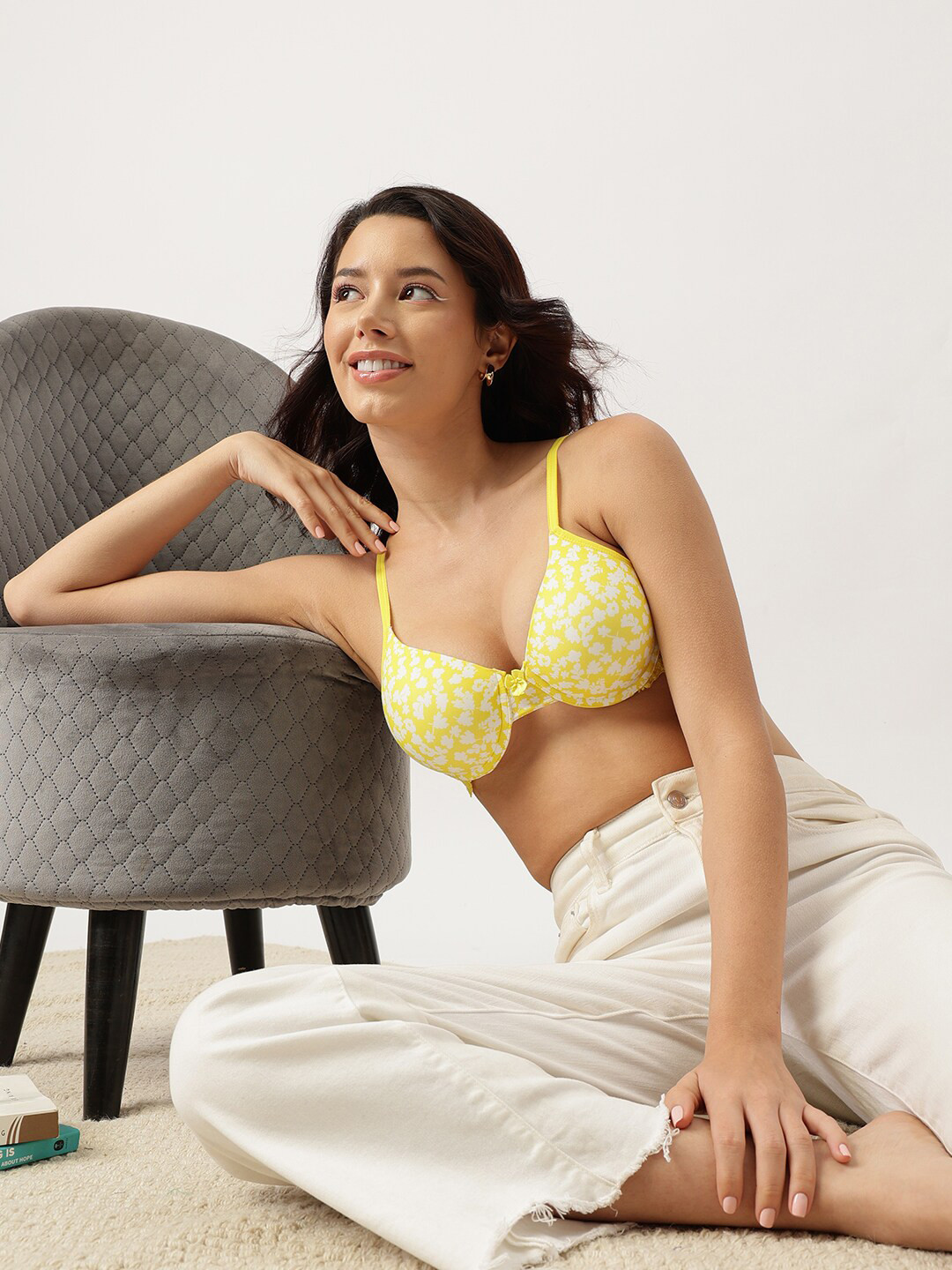 DressBerry Yellow Printed Full Coverage Lightly Padded Everyday Bra with All Day Comfort