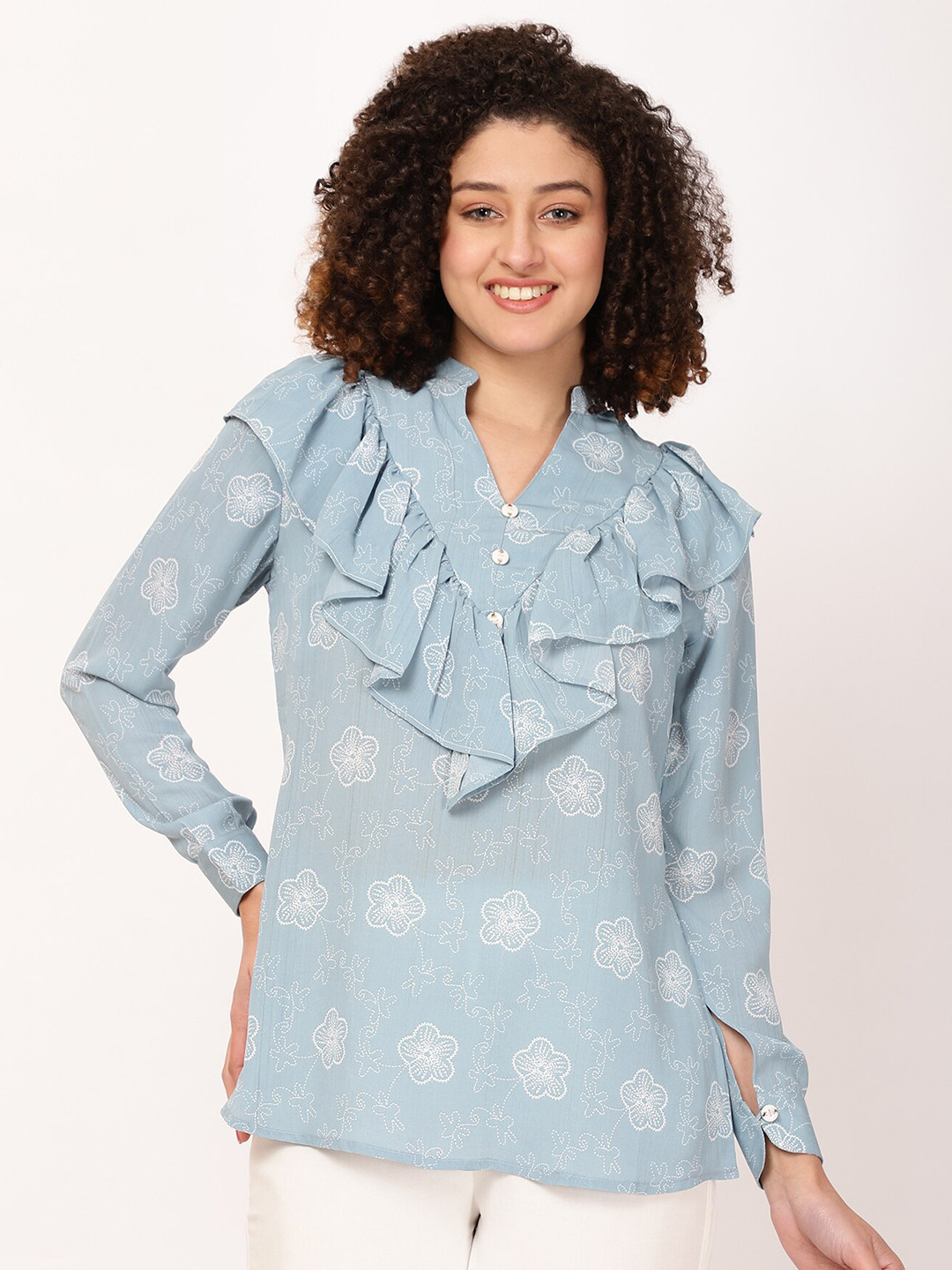 FUTURO Floral Printed Ruffles Mandarin Collar Top