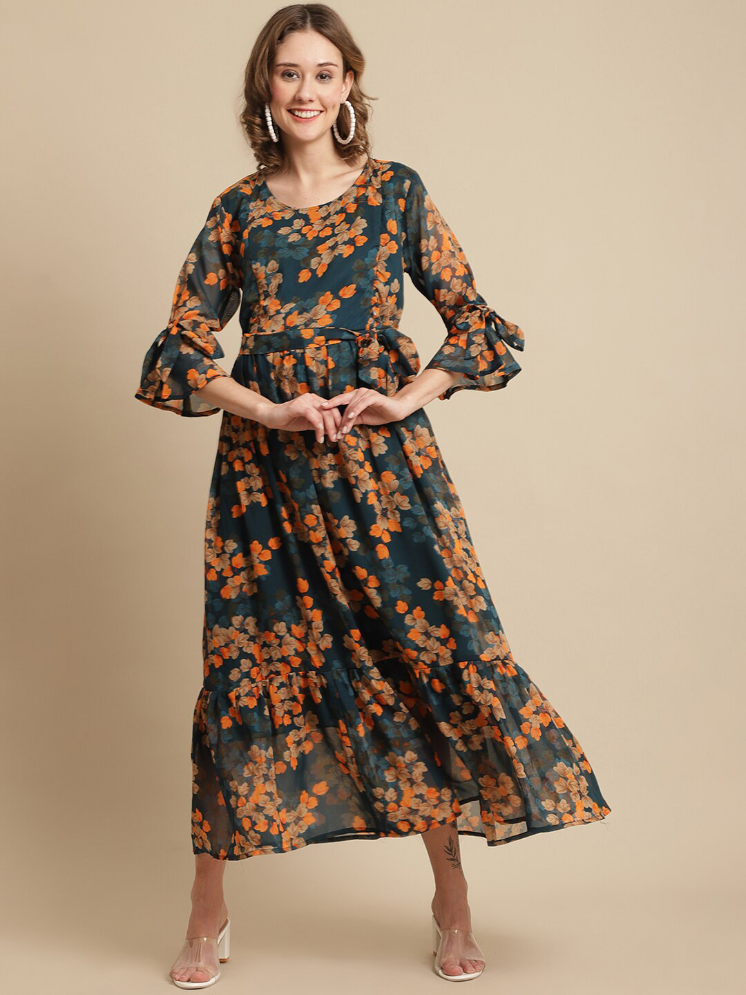 Moms Maternity Floral Print Bell Sleeve Georgette Maternity Maxi Dress