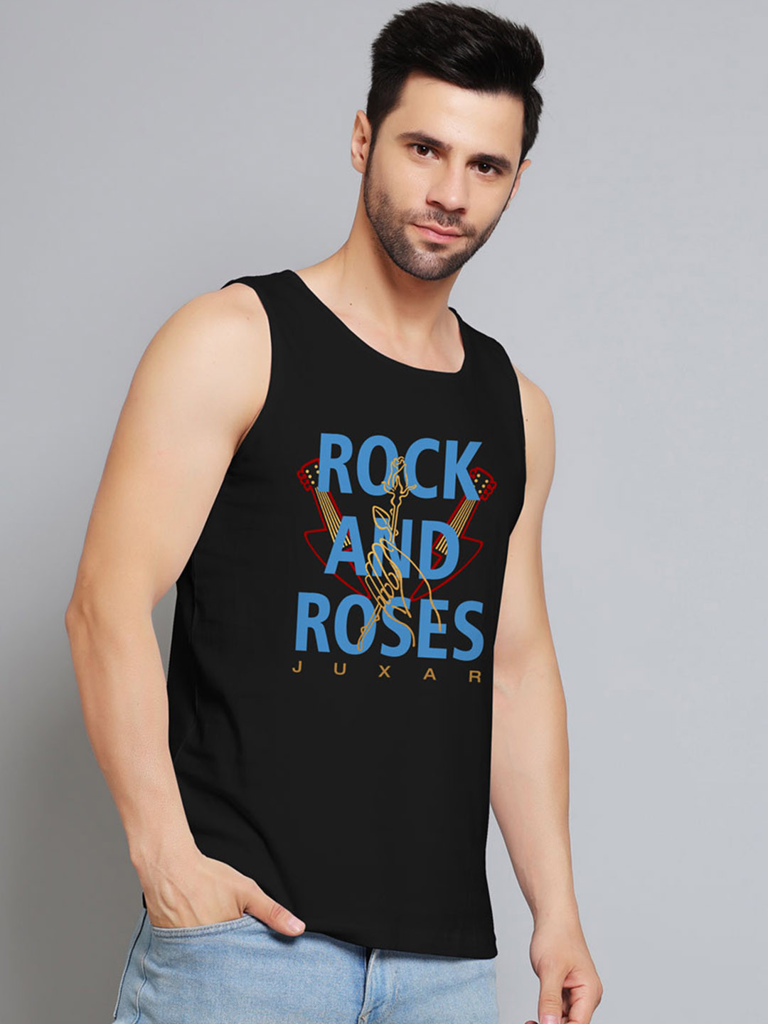 Juxar Printed Cotton Rich Sleeveless Innerwear Vests JXR-009SAN-BK-XS