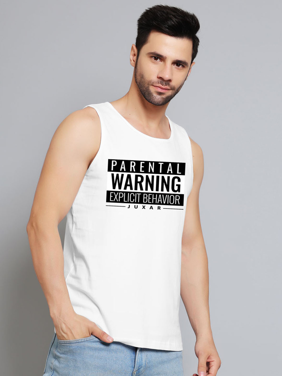 Juxar Printed Cotton Gym Vests JXR-047SAN-WH-XS