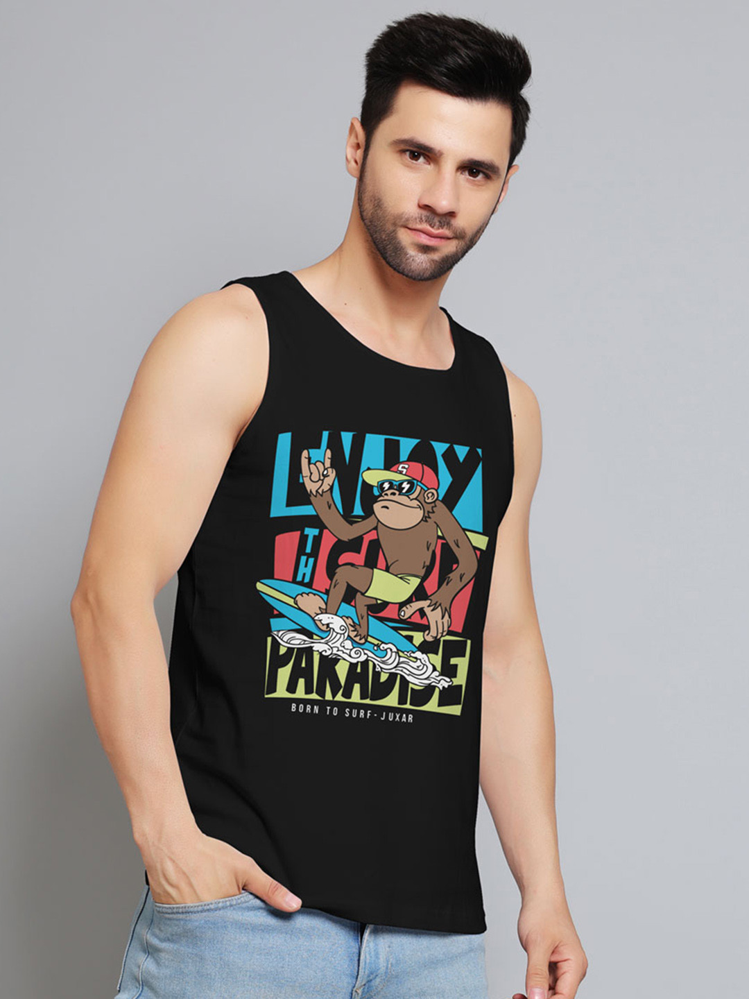 Juxar Printed Cotton Gym Innerwear Vests JXR-031SAN-BK-XS