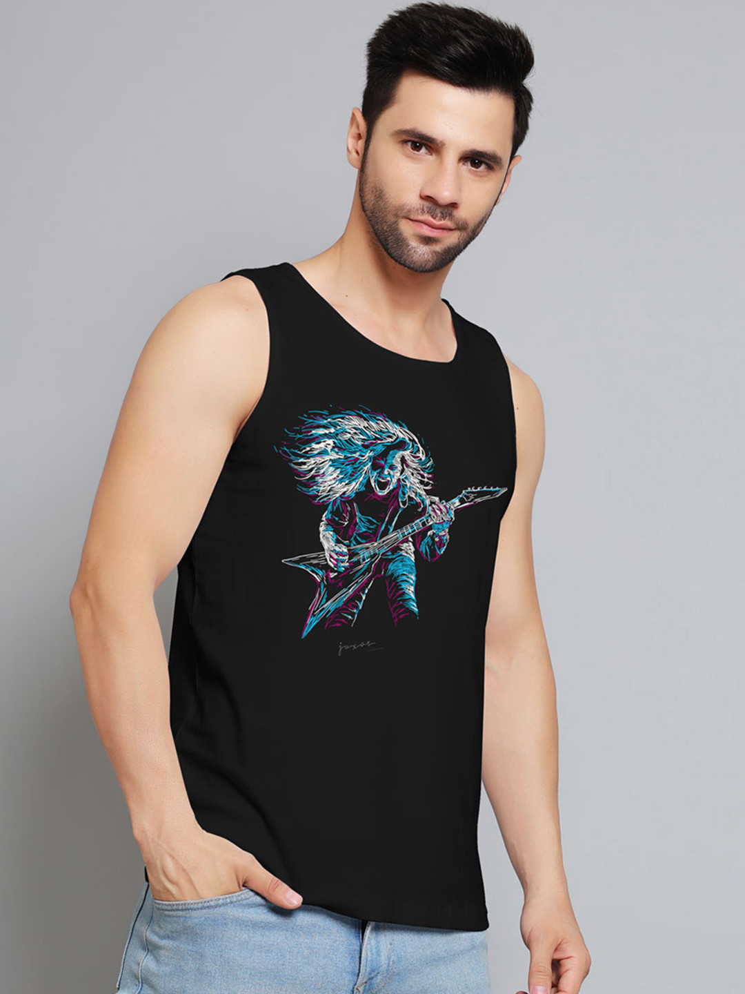 Juxar Graphic Printed Cotton Gym Innerwear Vest JXR-042SAN-BK-XS