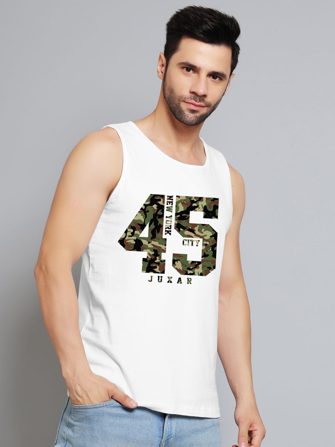 Juxar Printed Round Neck Sleeveless Cotton Gym Vest JXR-046SAN-WH-XS