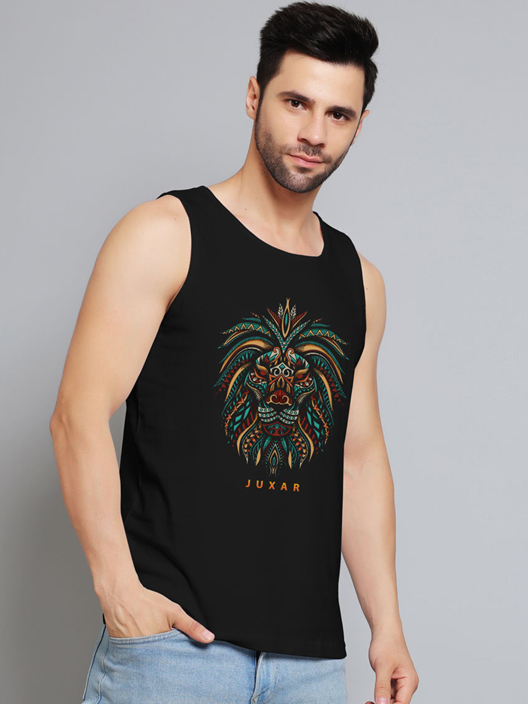 Juxar Printed Cotton Sleeveless Gym Innerwear Vest JXR-043SAN-BK-XS