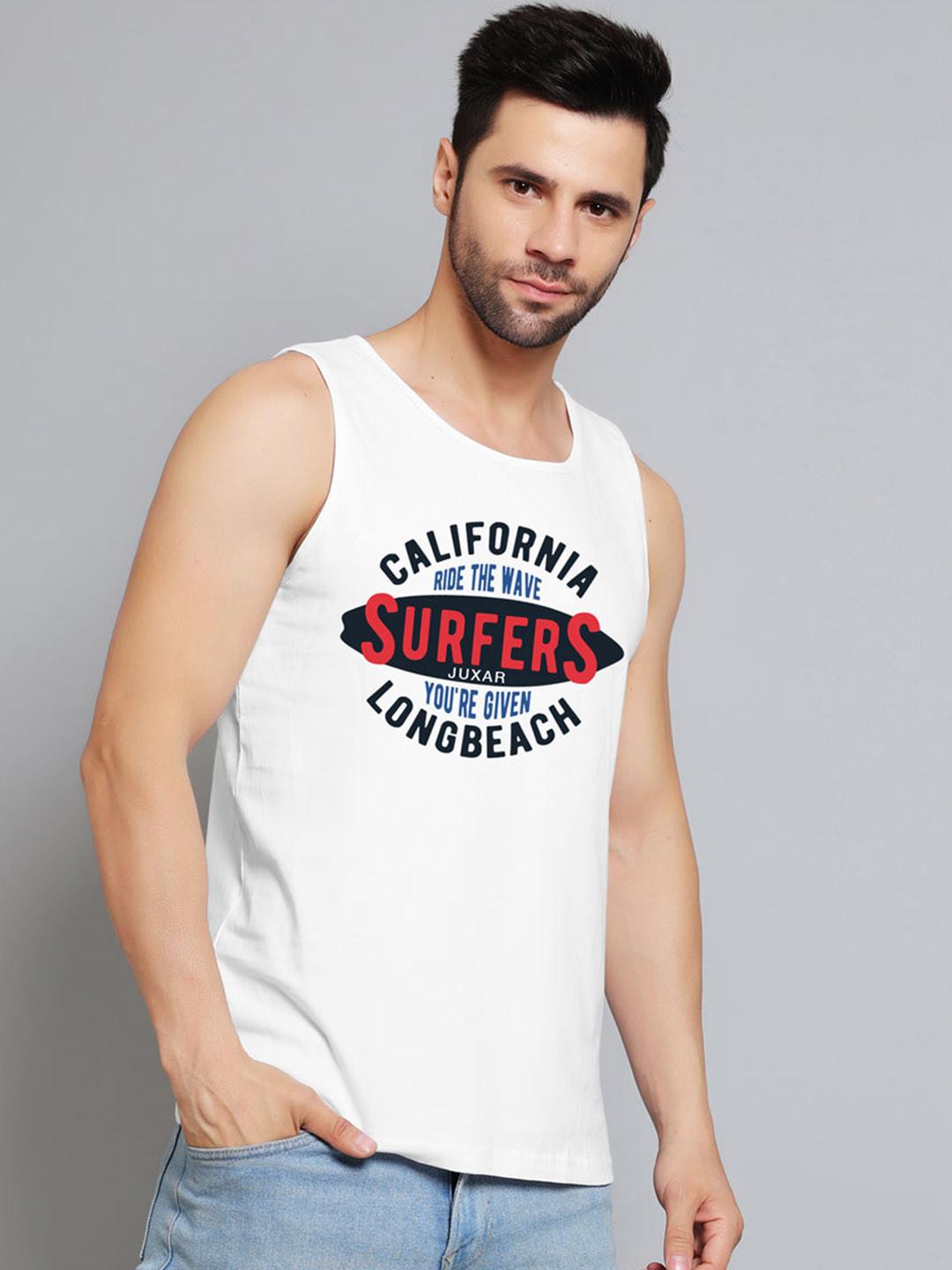 Juxar Printed Cotton Gym Vests JXR-015SAN-WH-XS