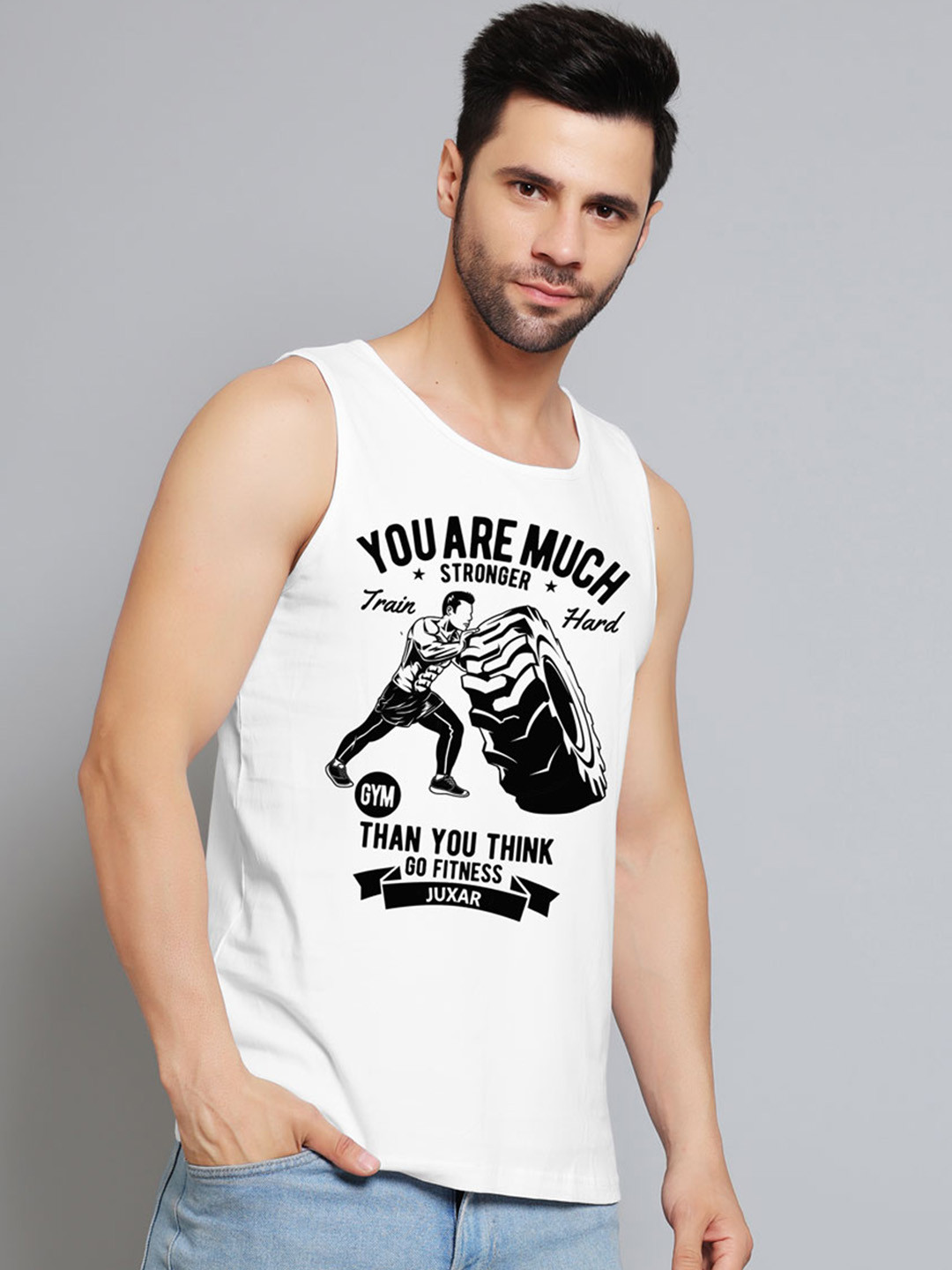 Juxar Printed Cotton Gym Vests JXR-008SAN-WH-XS