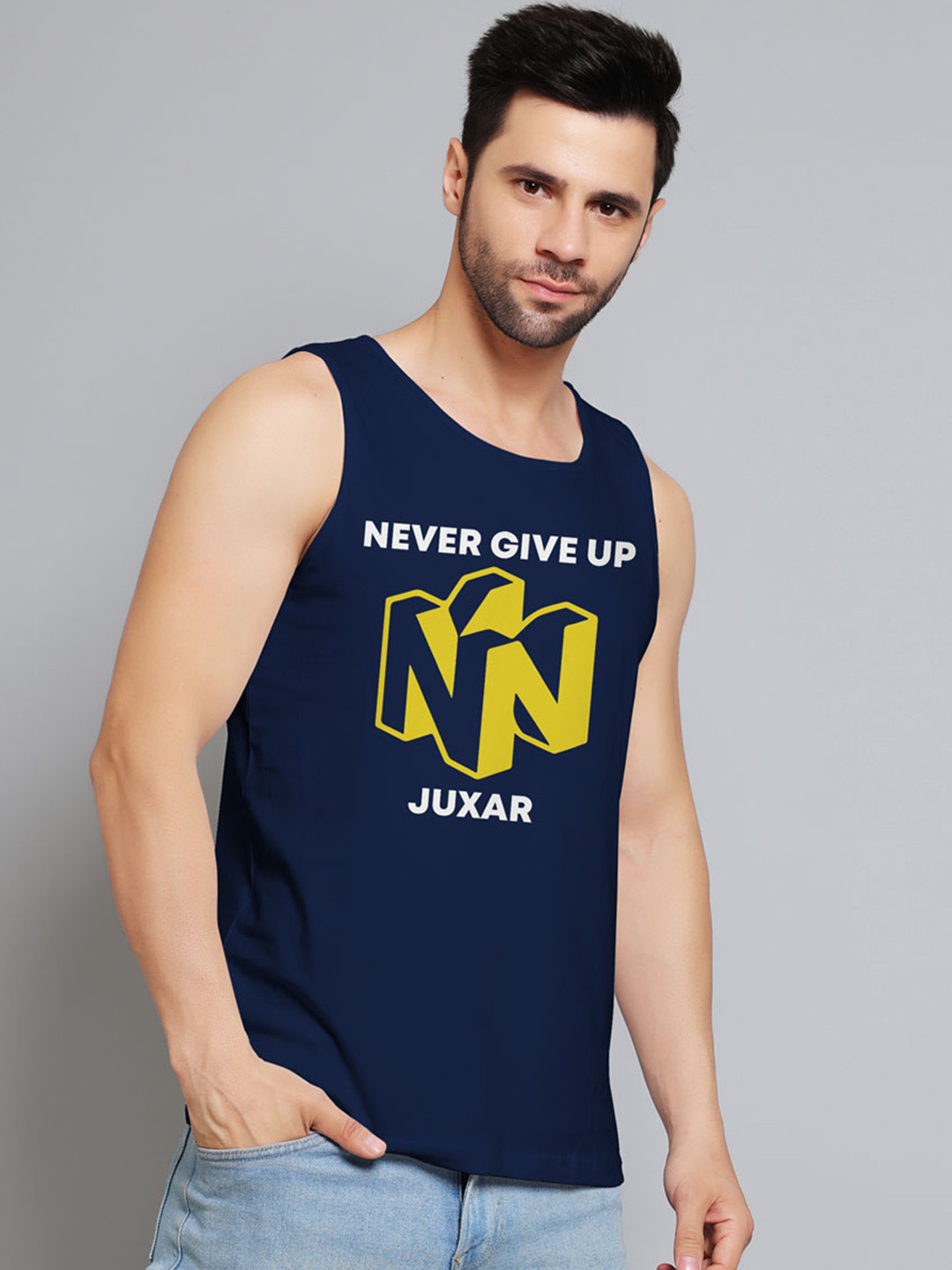 Juxar Typograpy Printed Cotton Gym Innerwear Vest JXR-026SAN-NY-XS