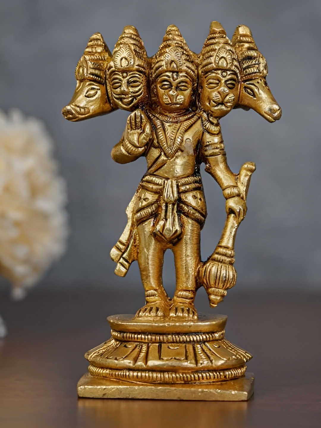acraftsindia Five Face Hanuman Yellow Brass Metallic Prayer Room Small Showpiece - 1 Inches