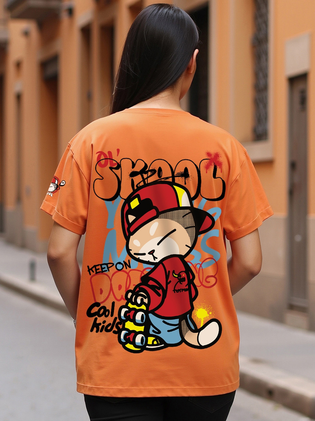 Bewakoof Orange-Coloured Skool Printed Drop-Shoulder Sleeves Cotton Relaxed Fit T-shirt