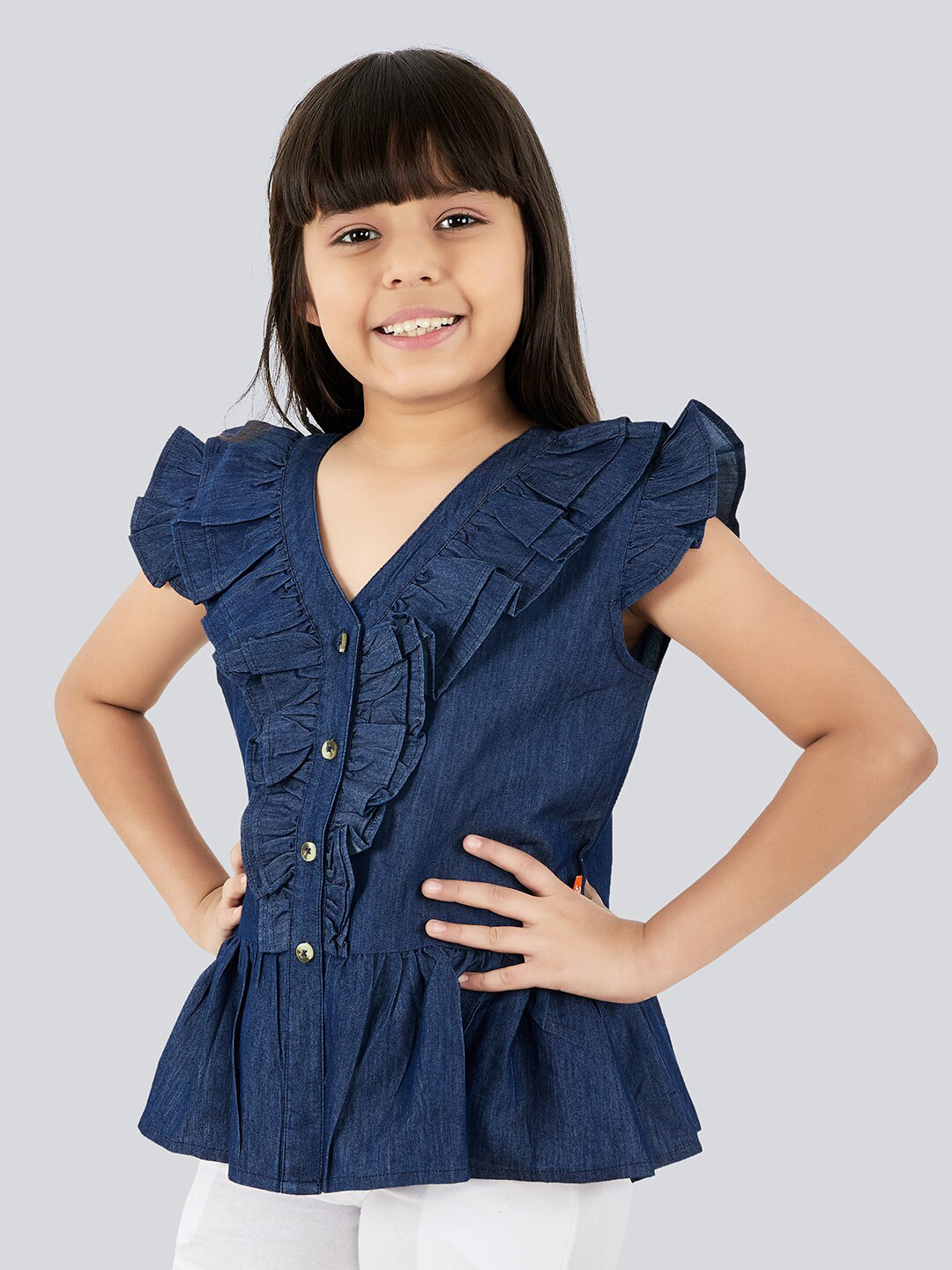 Olele Girls Flutter Sleeve Ruffles Cotton Denim Peplum Top