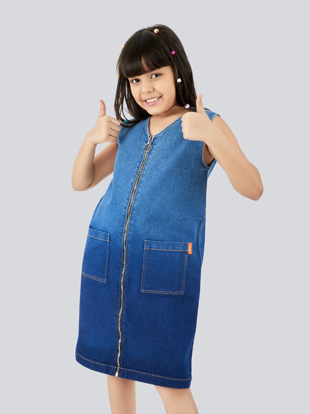 Olele Girls A-Line Ombre Cotton Denim Dress with Metal Zipper Opening