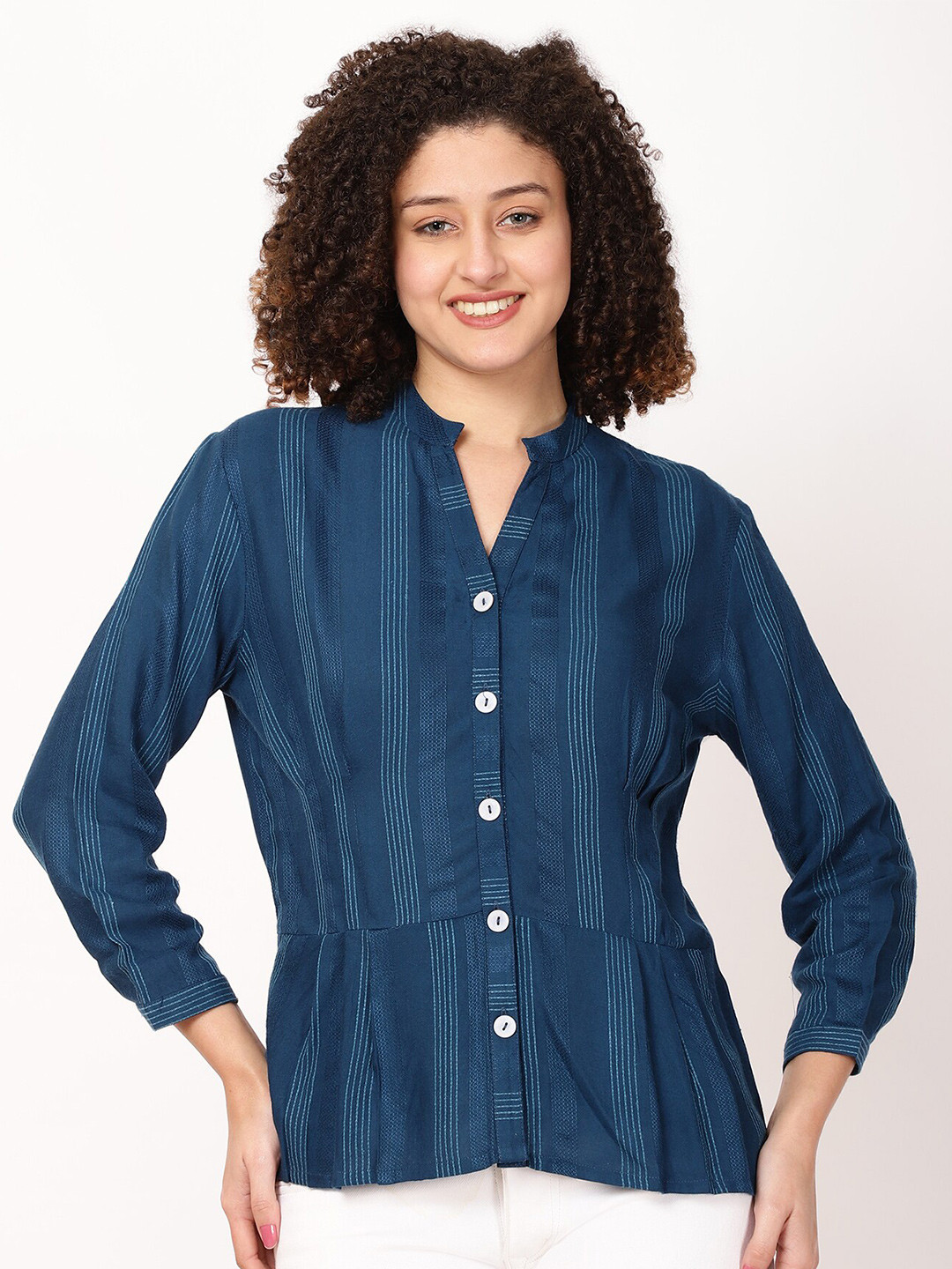 FUTURO Vertical Striped Mandarin Collar A-Line Top