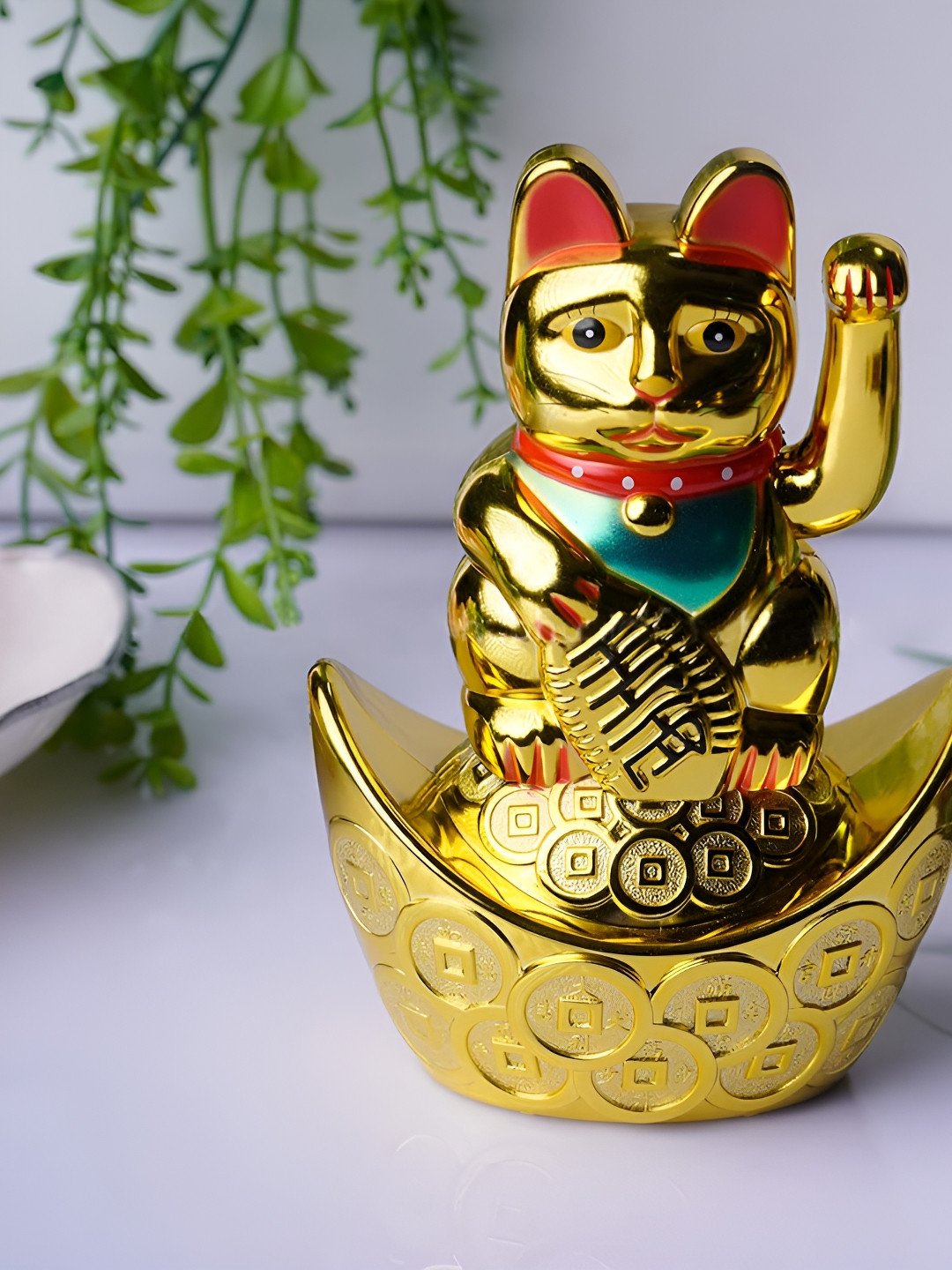 Shubhanjali Maneki Cat Gold Plastic Natural Living Room Small Showpiece - 5.5 Inches