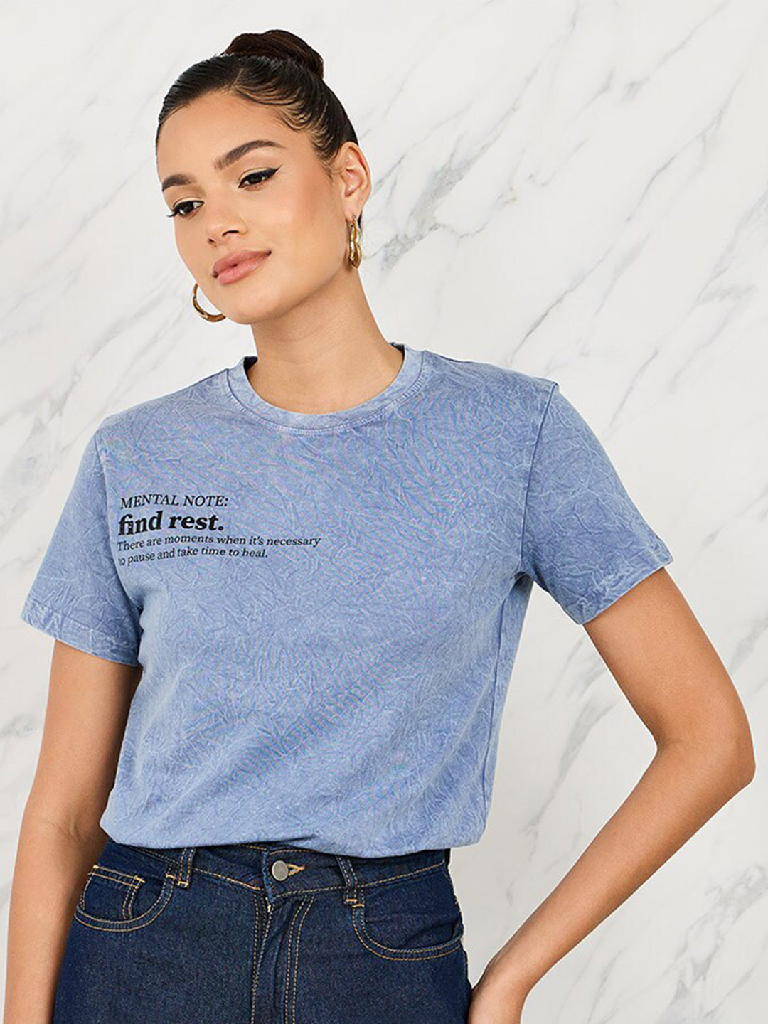 Styli Acid Wash Chest Slogan Print T-Shirt