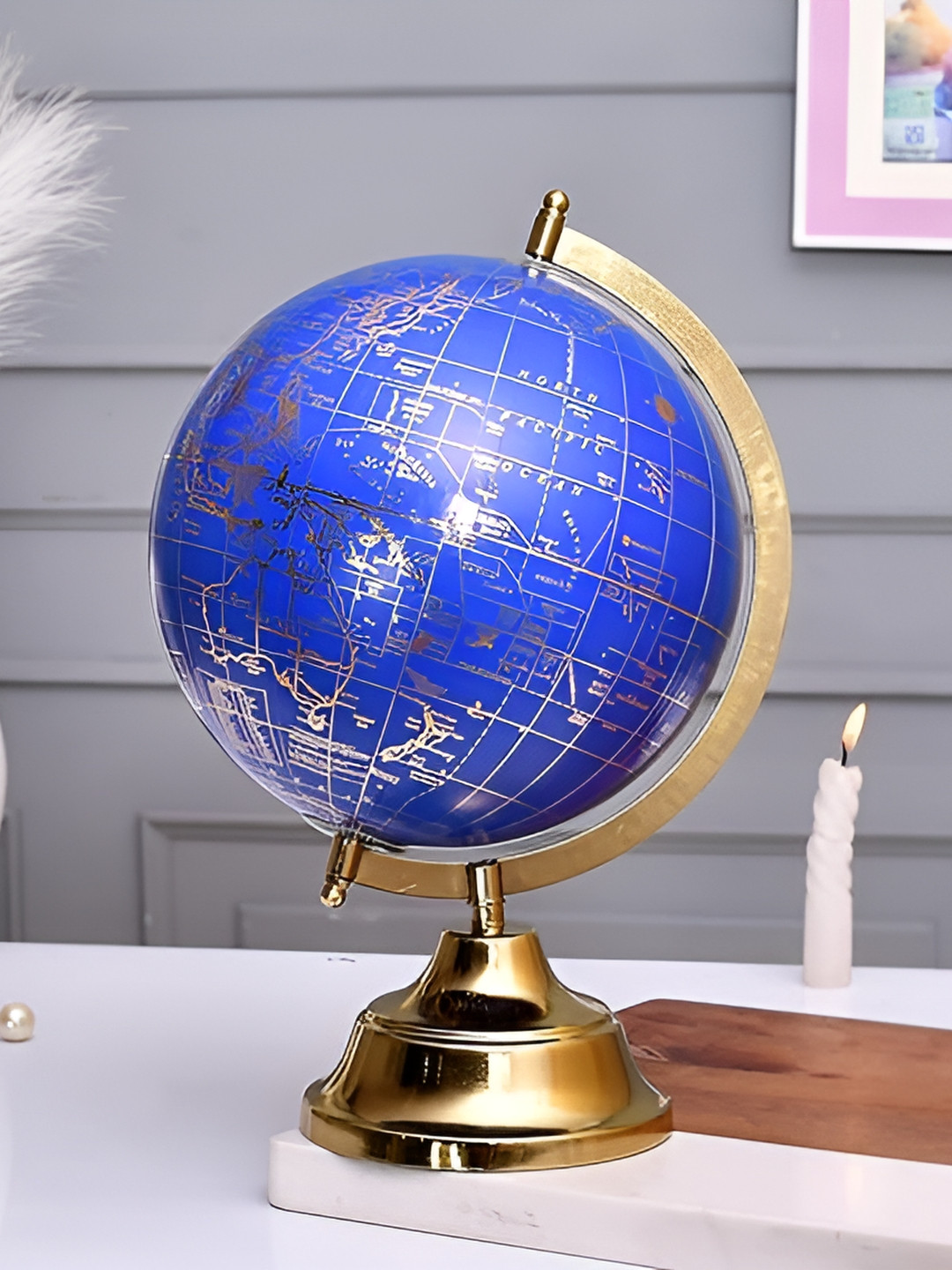 CraftVatika Educational World Globe With Heavy Metal Blue Metal Metallic Living Room Medium Showpiece -