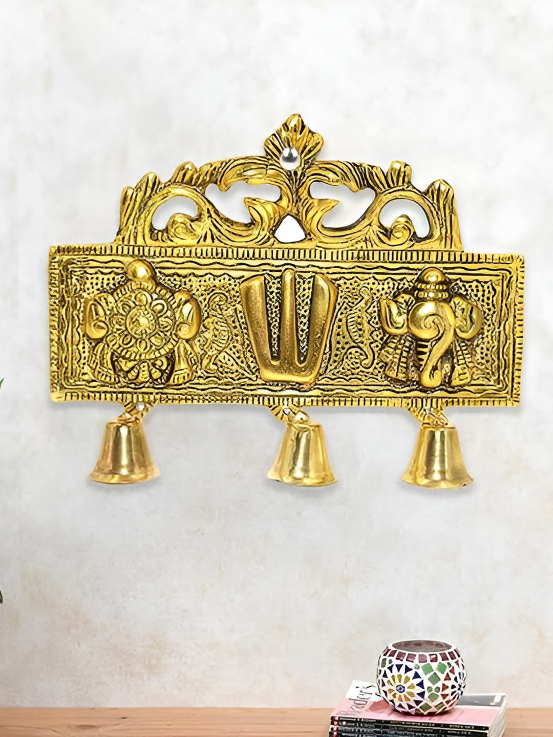 CraftVatika Gold Toned Textured Tirupati Door Shankh Chakra Namah With Bells Wall Hanging