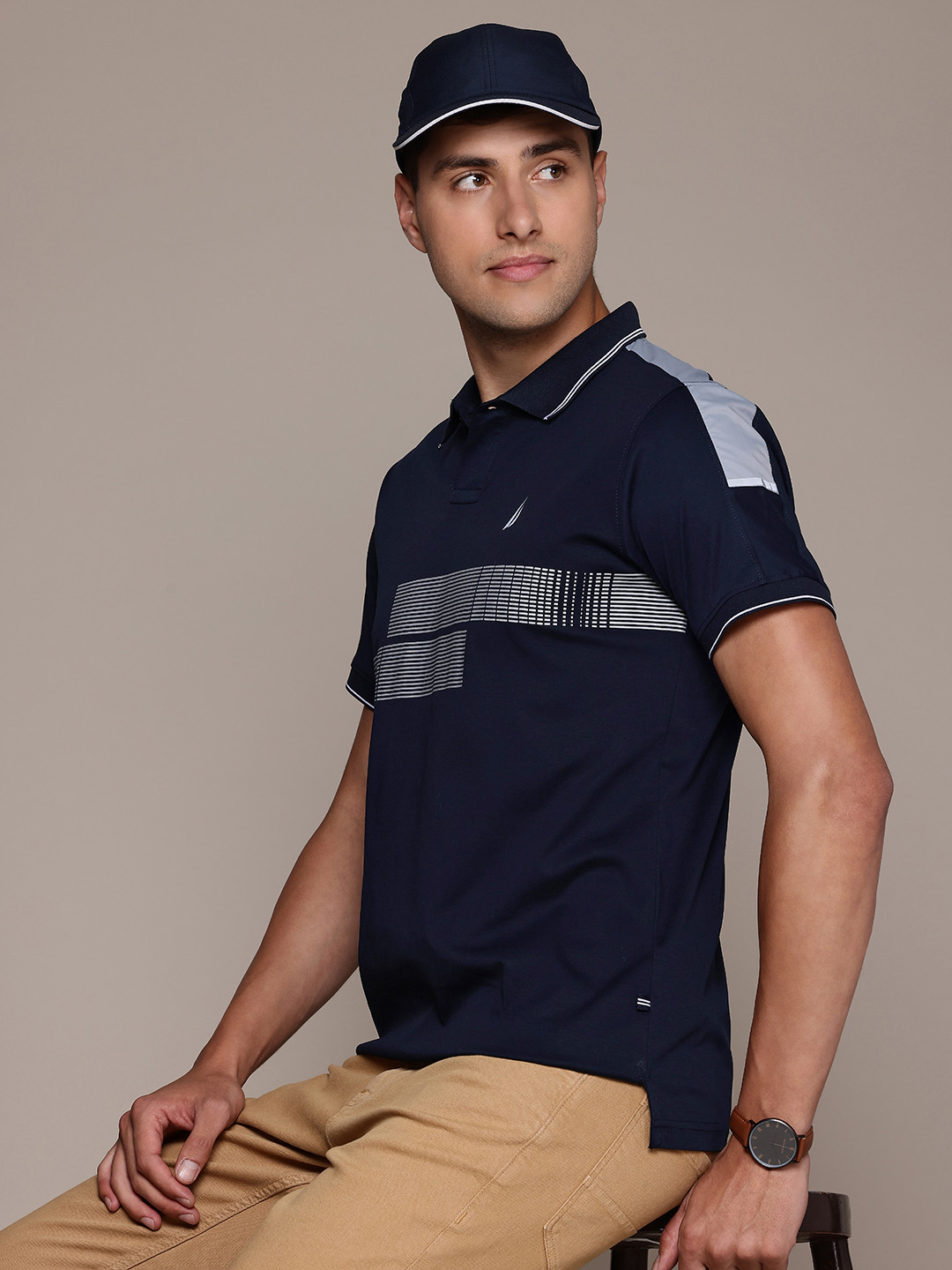 Nautica Men Striped Polo Collar Pure Cotton T-shirt with Reflective Detail