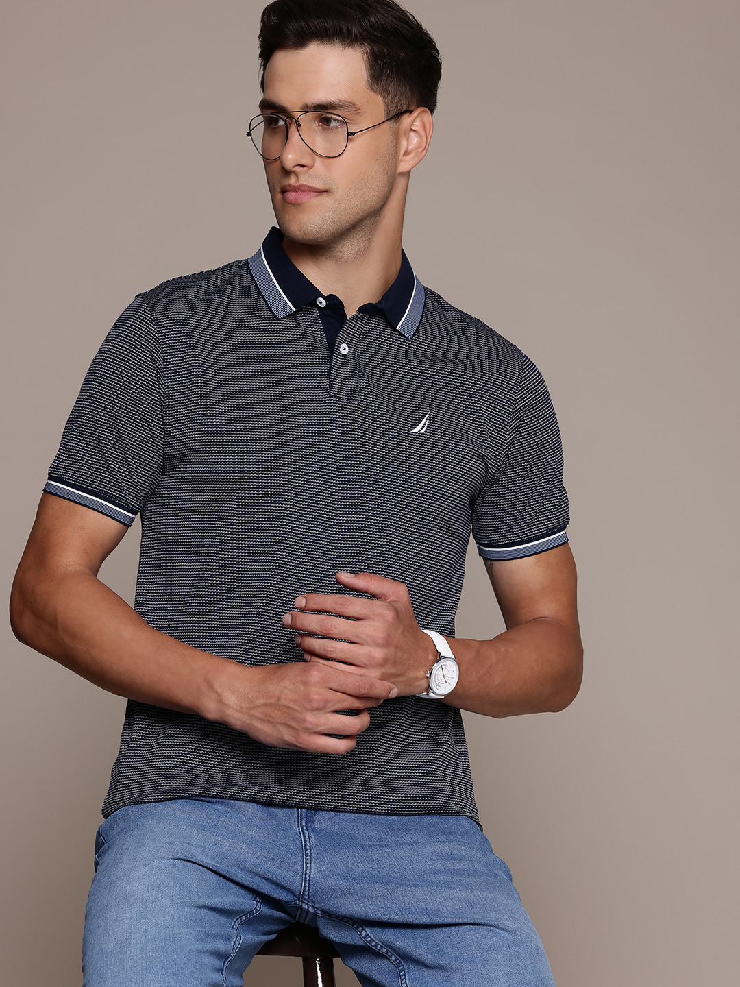 Nautica Men Woven Design Polo Collar Pure Cotton T-shirt