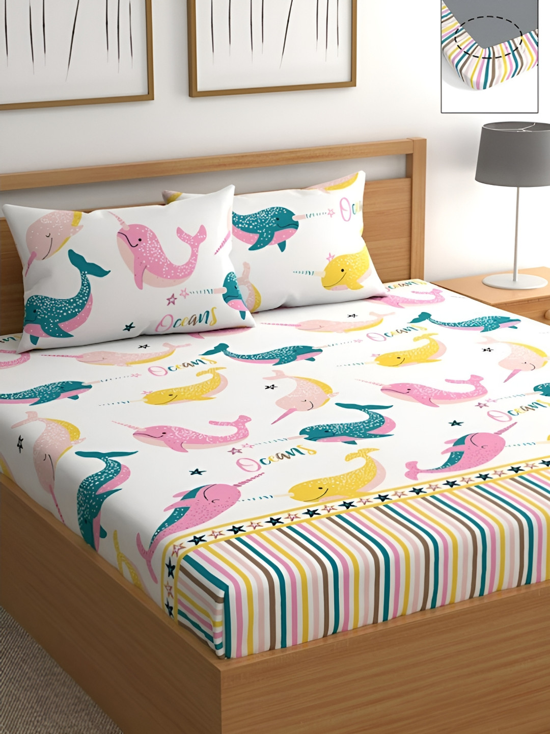 UrbanArts White Conversational Microfiber 300 TC Fitted King Fine Bedsheet with 2 Pillow Covers-79 x 73 inches