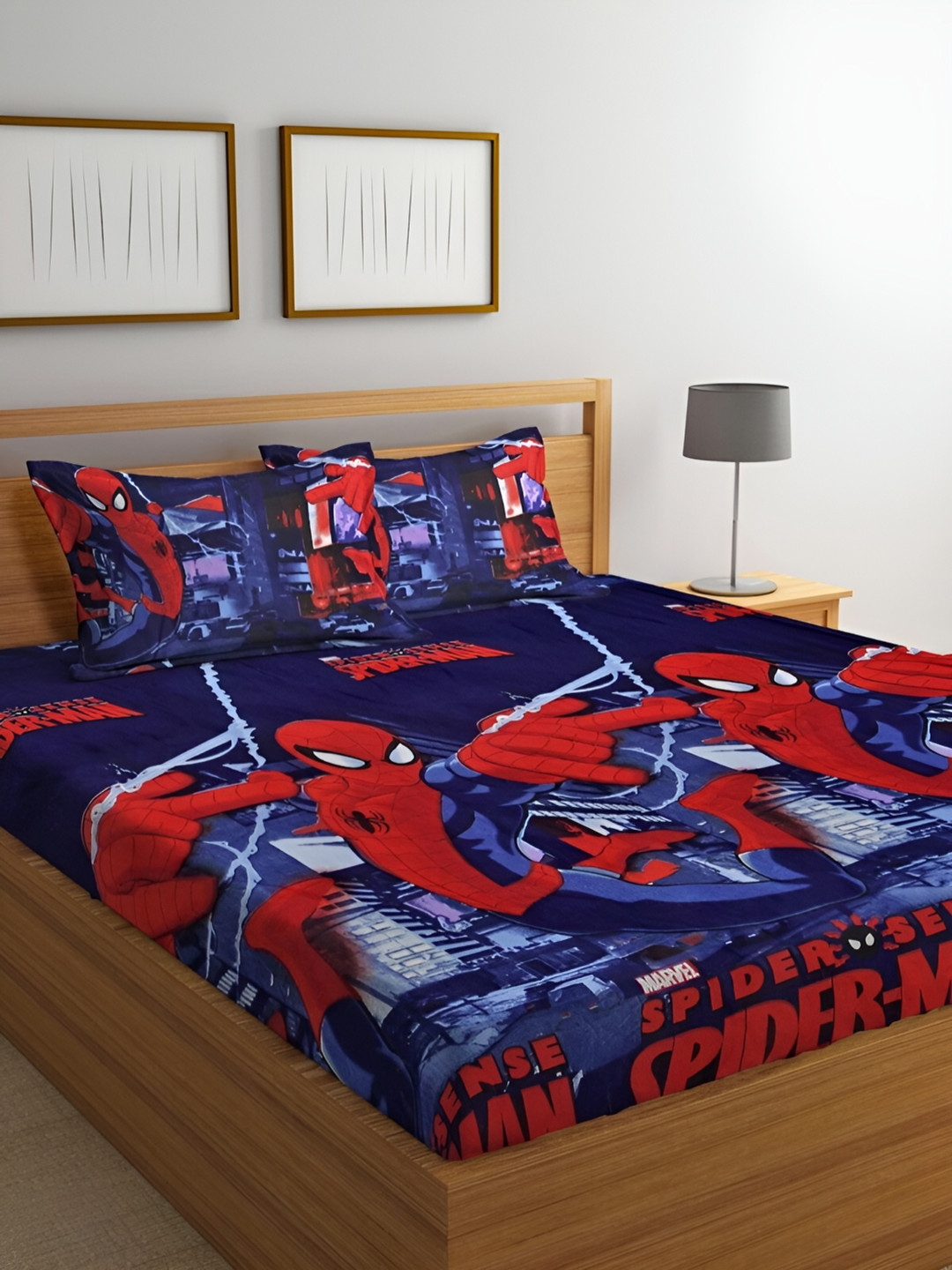 UrbanArts Red & Blue Cartoon Characters 300 TC King Bedsheet with 2 Pillow Covers