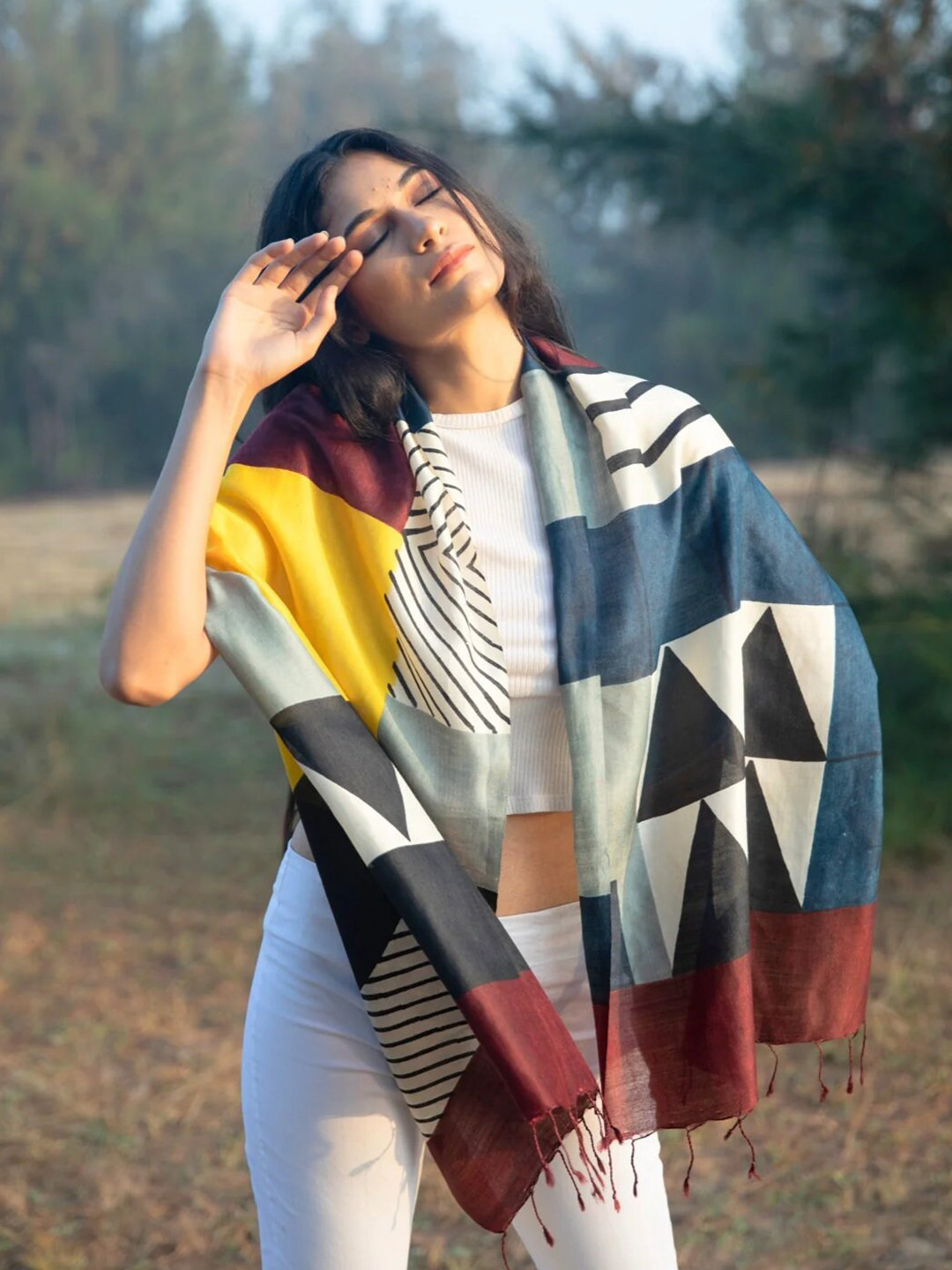 AESHAANE Athangudi Geometric Printed Tasseled Silk Scarves