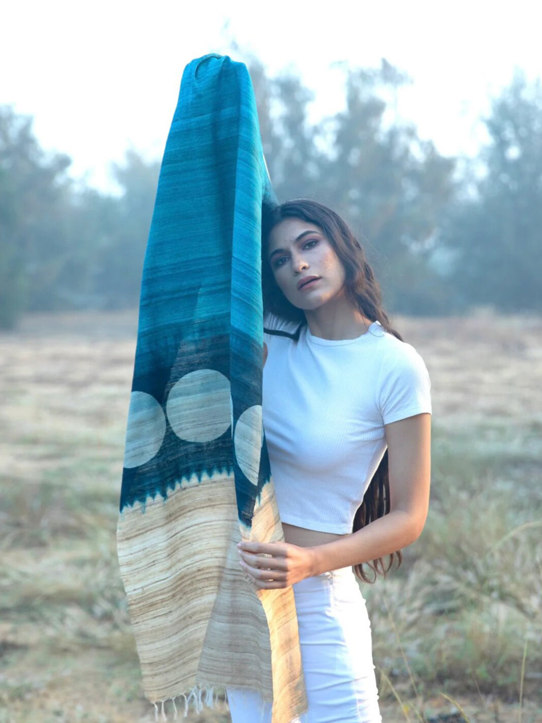 AESHAANE Bada Gola Geometric Printed Tasseled Silk Scarves