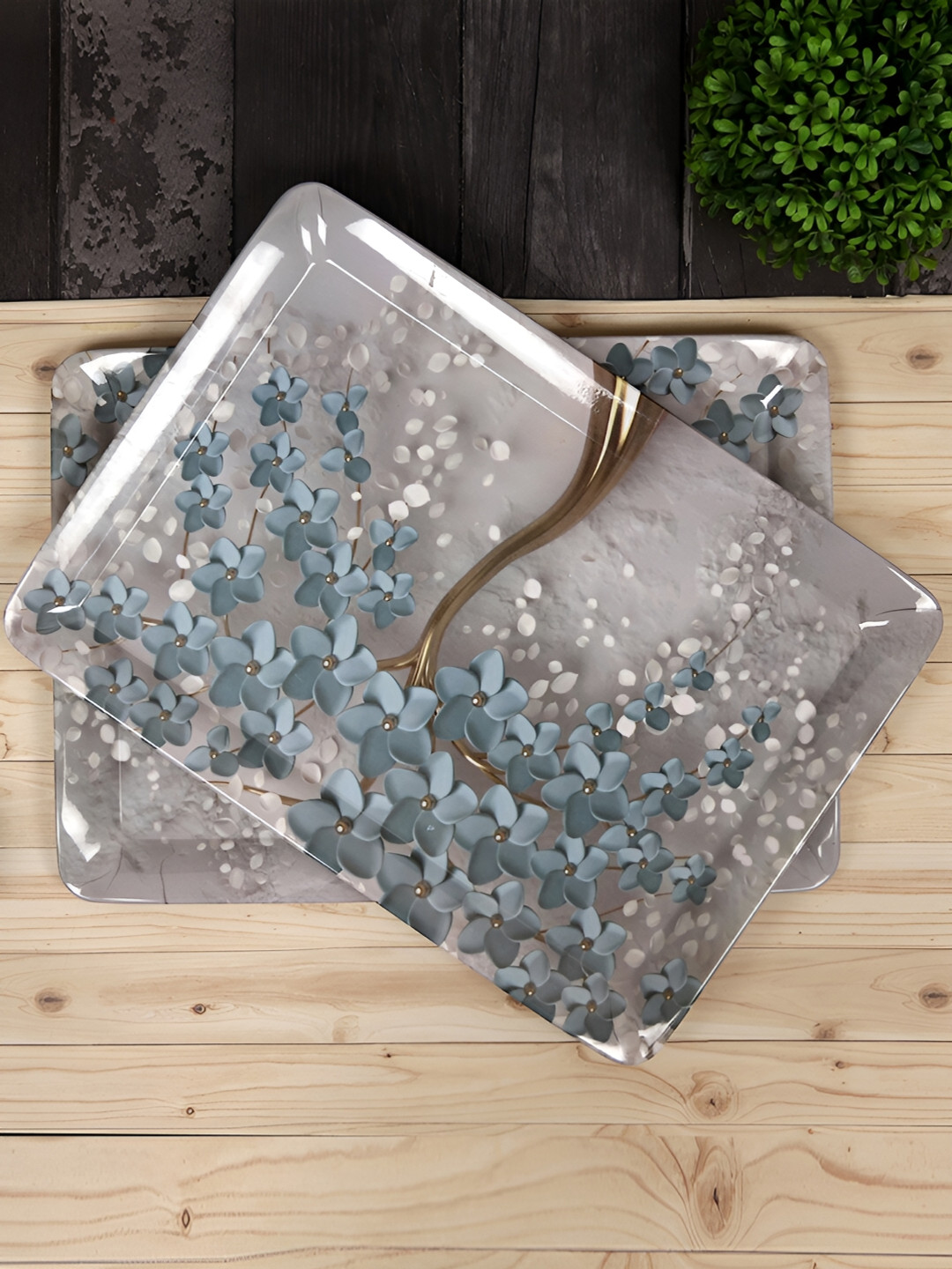 Golden Fish Grey 2 Pieces Floral Melamine Large Serving Tray