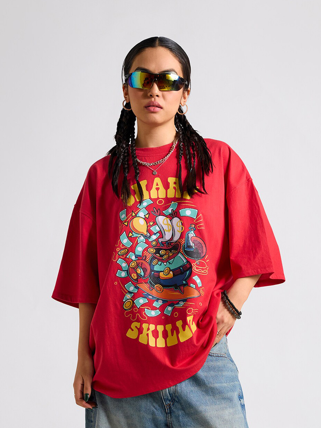 THE CLOTHING FACTORY Typography Spongebob Printed Cotton Oversized T-shirt