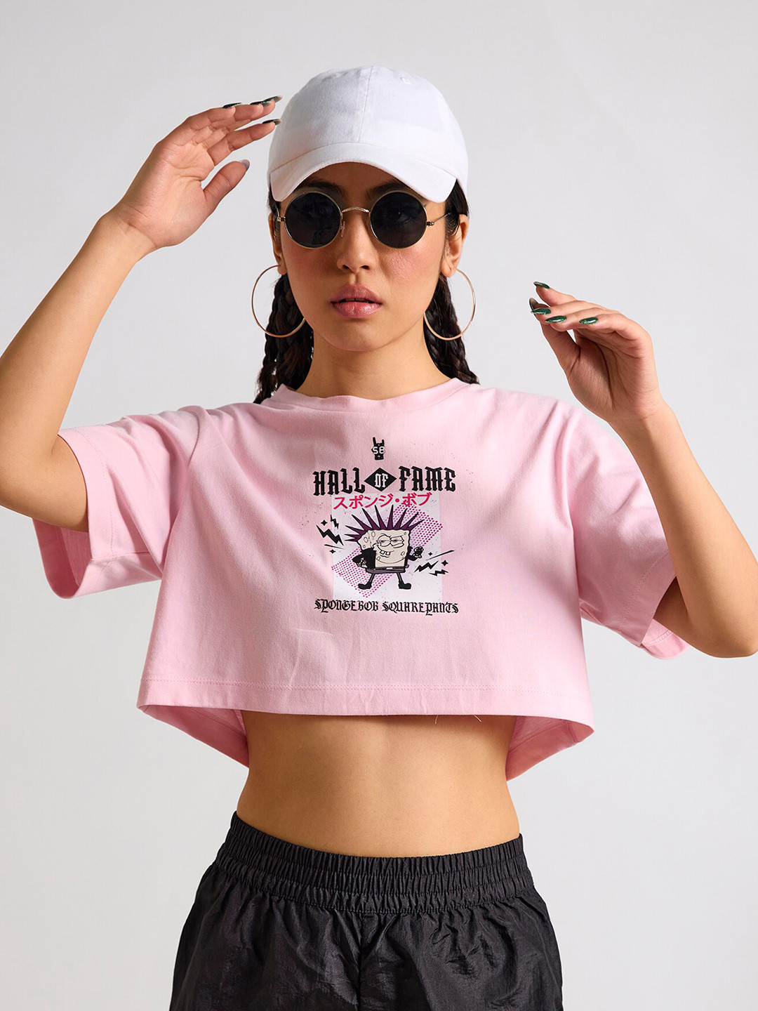 THE CLOTHING FACTORY Typography Spongebob Printed Round Neck Short Crop T-shirt