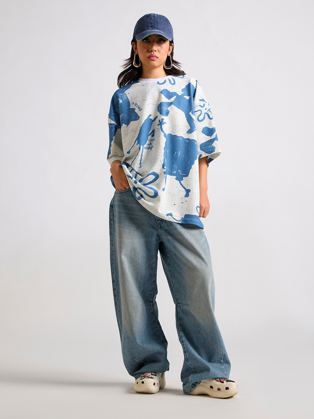 THE CLOTHING FACTORY Abstract Spongebob Printed Cotton Oversized T-shirt